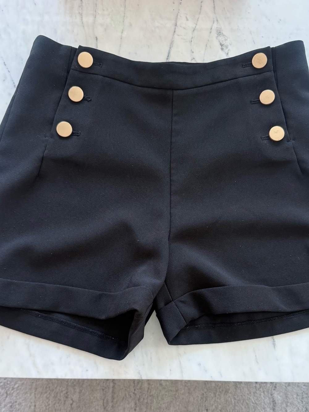 FRNCH Black High-Waist Sailor Shorts with Gold Buttons